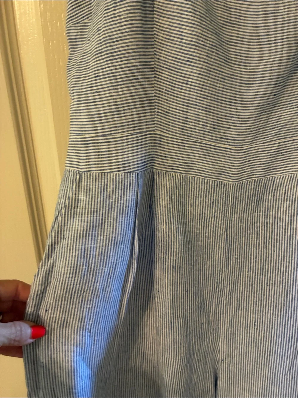 J. Crew Light Blue Pinstripe Spaghetti-Strap Jumpsuit  100% linen